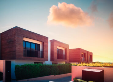 Modern houses with green plant wall and pink cloud in sunrise sky on background. Actual eco architecture
